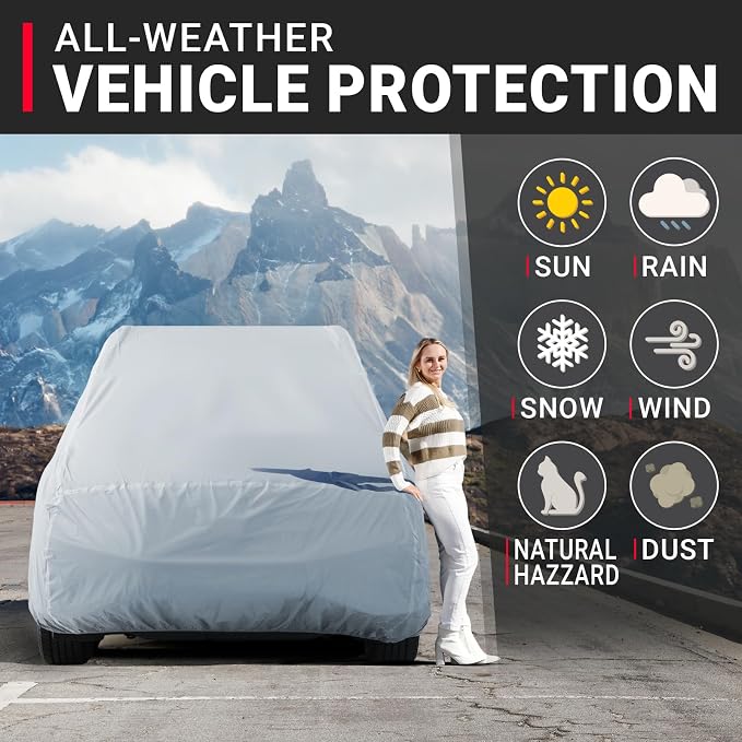 iCarCover 18-Layer SUV Car Cover Waterproof All Weather, UV Sun Protection Full Car Covers for Automobiles, CJ-5, Wrangler, FJ40, Tracker 2-Door, Sidekick 2-Door, Size S56 (See Size Chart)
