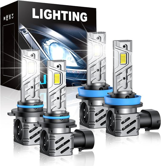 RCJ 9005/HB3 H11/H8/H9 Fog Light Bulbs Combo, 2025 Updated 35000LM 6000K Cool White with Fan, Plug-N-Play, Pack of 4