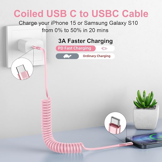 USB C to C Cable 3FT for Car, Coiled USB C Fast Charging Cable iPhone USB-C | Cable 2Pack for CarPlay/Android Auto USB C Cord, USB Type C Cable for iPhone 17/16/15/Samsung Galaxy S23 and More-Pink