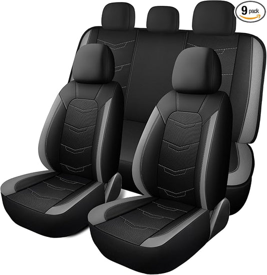 HChengkikz Car Seat Cover, Breathable and Sporty (Black + Gray) | Leather, Universal Fit for Most SUVs, Cars, Sedans, Trucks, Airbag Compatible, Easy to Install