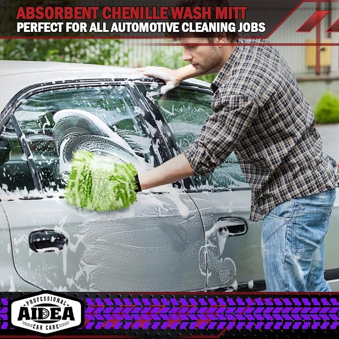 AIDEA Car Wash Mitt Microfiber, 2PK, Car Wash Brush, Green, 8''X12'' | Scratch Free Lint Free, Premium Chenille Microfiber Wash Mitt, Cleaning Supplies, Extra Large Size