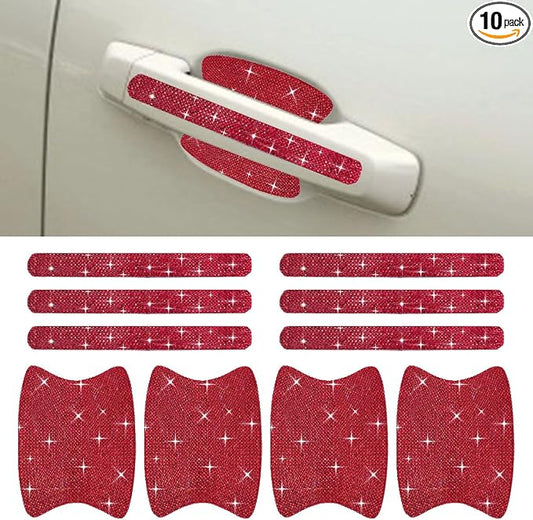 ZIMISI 10PCS Bling Car Door Handle Protector, Crystal Rhinestone Anti-Scratch Car Bowl Decoration Sticker Decal, Universal Auto Exterior Door Protective Covers Accessories for Women (Red)