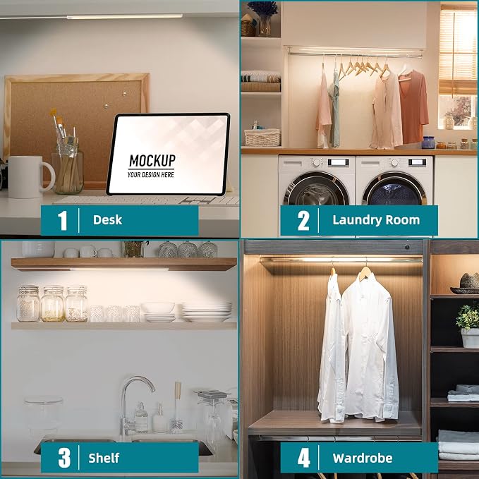 Plug-in Under Cabinet Lights Daylight White 4000K, Dimmable LED Under Cabinet Lighting, 6PCS x 12 Inch Under-Counter Light Fixtures with Memory Function, Under Counter LED Lights for Kitchen
