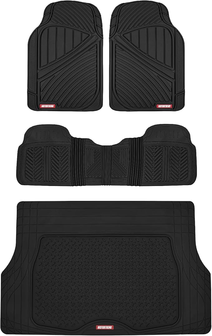 Motor Trend FlexTough Performance All Weather Rubber Car Mats with Cargo Liner - Full Set Front & Rear Floor Mats for Cars Truck SUV, Automotive Floor Mats (Black)