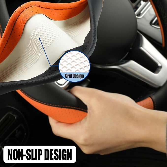 Black Orange Breathable Microfiber Leather Steering Wheel Cover | Breathable Anti Slip Grip Cool Sporty Look Glow for Women Men