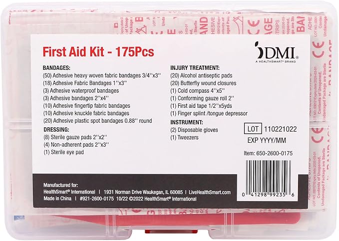 DMI 175-Piece First Aid Kit for Minor Injuries, Cuts and Scrapes, All-Purpose, Portable and Convenient, Includes Bandages, Injury Treatment, Dressings, and Instruments, HSA & FSA Eligible