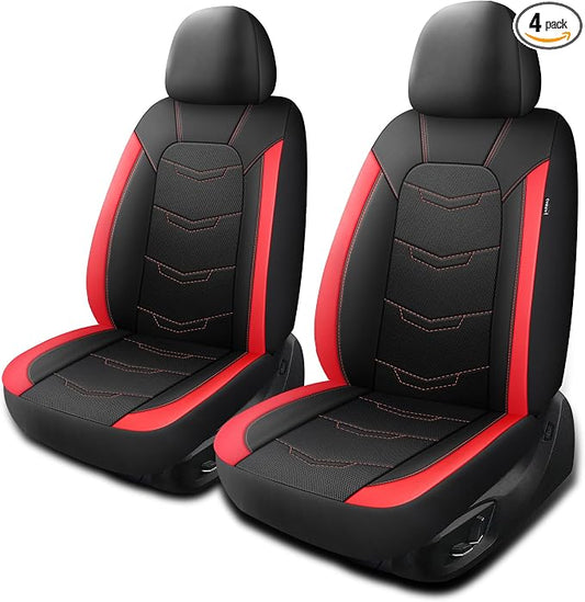 HChengkikz Front Car Seat Cover, Breathable and Sporty (Black + Red) | Leather, Universal Fit for Most SUVs, Cars, Sedans, Trucks, Airbag Compatible, Easy to Install