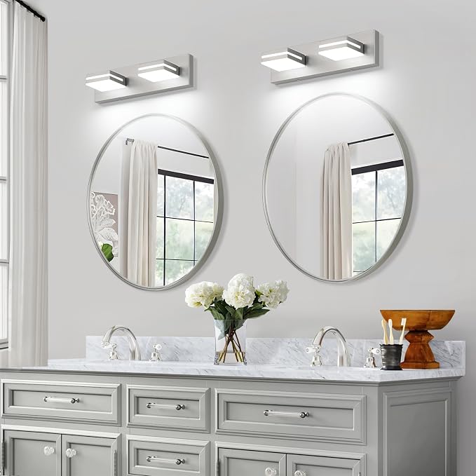 SineRise LED Modern Bathroom Vanity Light Fixtures (2-Light, 15.5-Inch), Brushed Nickel Modern Acrylic Bathroom Wall Lighting Fixtures Over Mirror (Cool White 6000K)