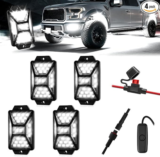 4 Pods Pure White LED Rock Lights Kit with Switch Wiring Harness,6500K 108 LEDs Bright Rock Lights for Trucks,Waterproof Underglow Light for Car Jeep Off Road ATV UTV SUV(Patented)