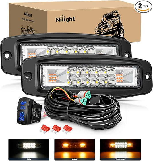 Nilight Flush Mount LED Light Pods 2PCS 6 Inch 60W Amber White 3 Lighting Modes Fog Lights Spot Flood Beam with Dual Control 18AWG Wiring Harness for Truck Pickup Golf Cart UTV ATV SUV Boat 4x4 Car