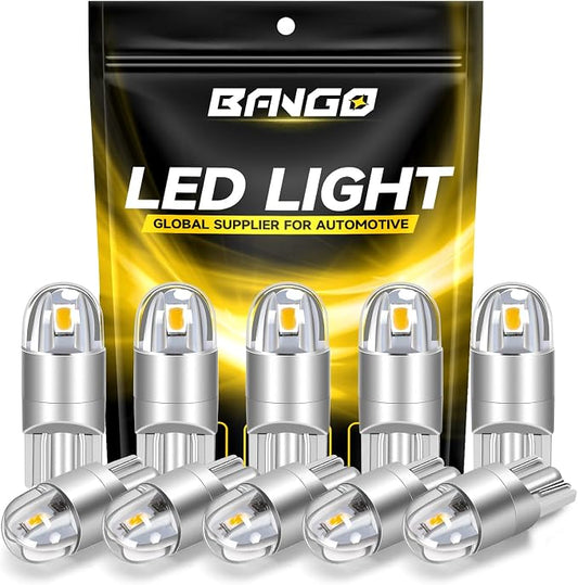 BANGO 194 LED Bulb, Super Bright 168 T10 2825 W5W LED Replacement Bulbs for Car Interior Dome Map Door Courtesy Trunk Side Marker License Plate Lights, Warm White (Pack of 10)