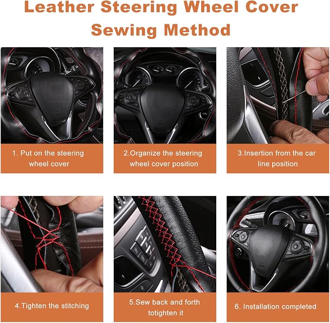 Genuine Leather Steering Wheel Cover, 15 Inch Stitch on Wheel Wrap with Needles & Threads, Breathable Steering Wheel Protector DIY Sewing Wrap for Car Truck SUV (Black & Red, Glossy)