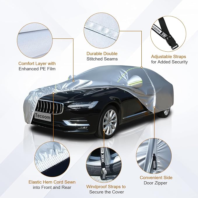Tecoom Car Cover for Automobiles Waterproof, Windproof Sun Rain Snow Protection Fit for Tesla Model 3 Toyota Corolla 2000-2023 Honda Civic 1991-2023, Kia Stinger/Forte, Full Covers Sedan 201-210"