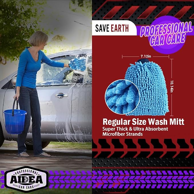 AIDEA Car Wash Mitt Microfiber, 1PK, Car Wash Brush, Blue, 7.12''X10.14'' | Scratch Free Lint-Free Premium Chenille Microfiber Mitt, Cleaning Supplies, Regular Size
