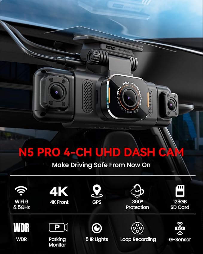 N5 PRO 4K 4 Channel Dash Cam, 360° All-Around View, 1080P Rear and Inside, 5G WiFi 6 - Up to 10MB/s, Built-in GPS, 8 IR Night Vision, G-Sensor, 24H Parking Mode, Free 128GB SD Card Included