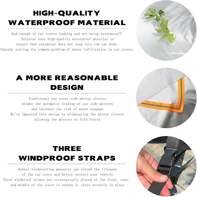 Car Cover Waterproof All Weather fit for Tesla Model 3,Heavy Duty Outdoor Cover with Driver Side Zipper & 3 Windproof Straps – Sun,Rain,Snow,Frost,Dust Resistant