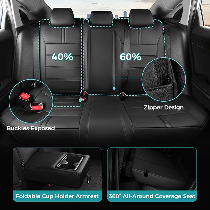 Seat Covers for Honda Civic Hatchback LX, EX, EXL, Sport, Touring, 2016-2021, Faux Leather Car Seats Cover Full Set Seatback Waterproof, Black (60/40 Split Seatback)