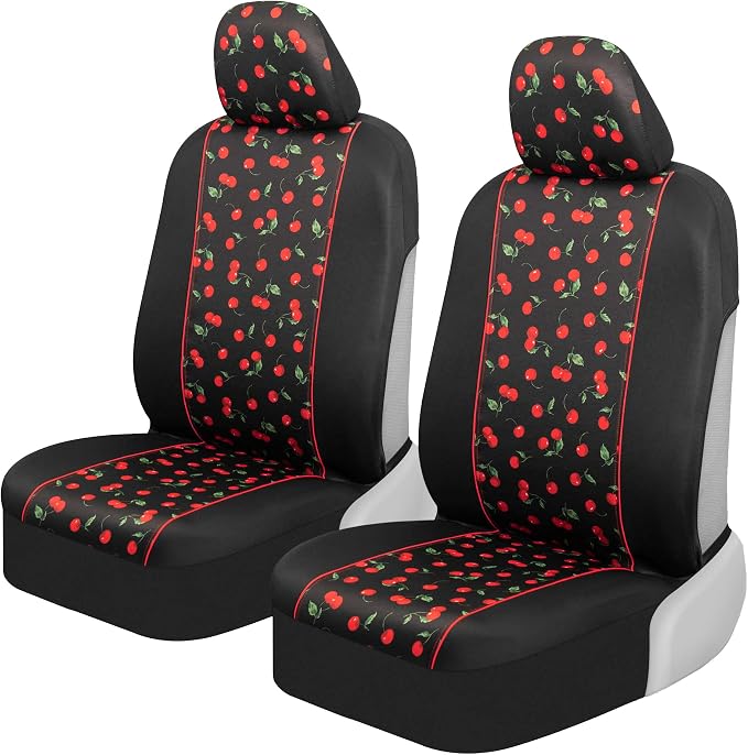 BDK Red Cherry Car Seat Covers for Front Seats, 2 Pack – Classic Pattern with Matching Headrest, Sideless Design for Easy Installation, Fits Most Car Truck Van and SUV