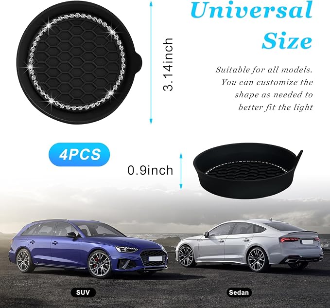 Ziciner 4 PCS Car Cup Coaster Holders, 3.15 Inch Silicone Anti-Slip Auto Insert Coaster, Crystal Rhinestone Car Drink Cup Mat, Universal Durable Auto Interior Accessories (Black, 4Pack)