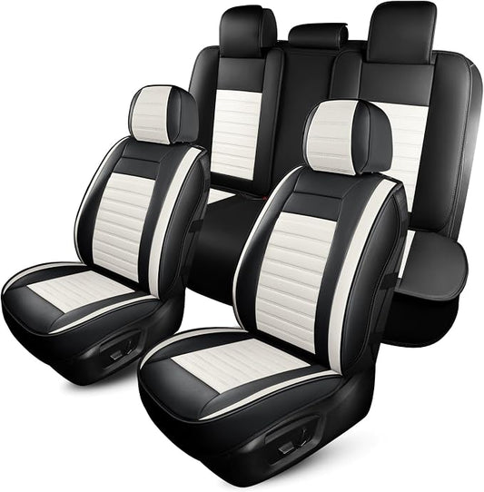 HChengkikz Car Seat Cover, Faux Leather, Waterproof (Black + White) | Breathable, Airbag Compatible, Easy Maintenance, Universal Fit for Most Sedans SUVs Pick-ups Trucks