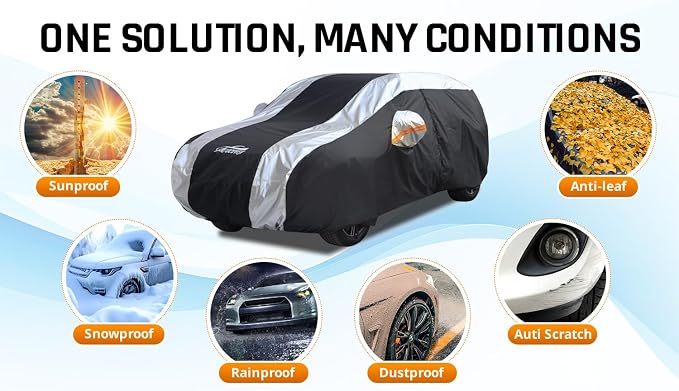 Compact SUV Covers for Waterproof Protection with Silver Stripe Design,SUV Car Covers for Automobiles Universal Fit Audi Q3 Q4, BMW X1, Subaru Crosstrek, Jeep Compass, Kia Sportage, Ford Escape