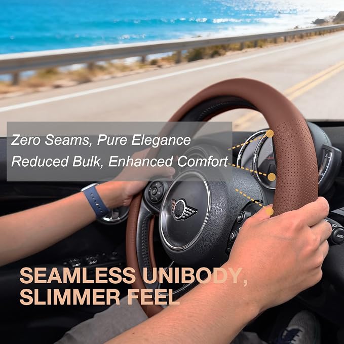 PINCTROT Large Size Nappa Leather Steering Wheel Cover, Slim Fit No Bulk Design, One Piece Leather with Breathable Perforation, Fit Like Gloves, 15.5-15.75 Inch(Nappa Brown)