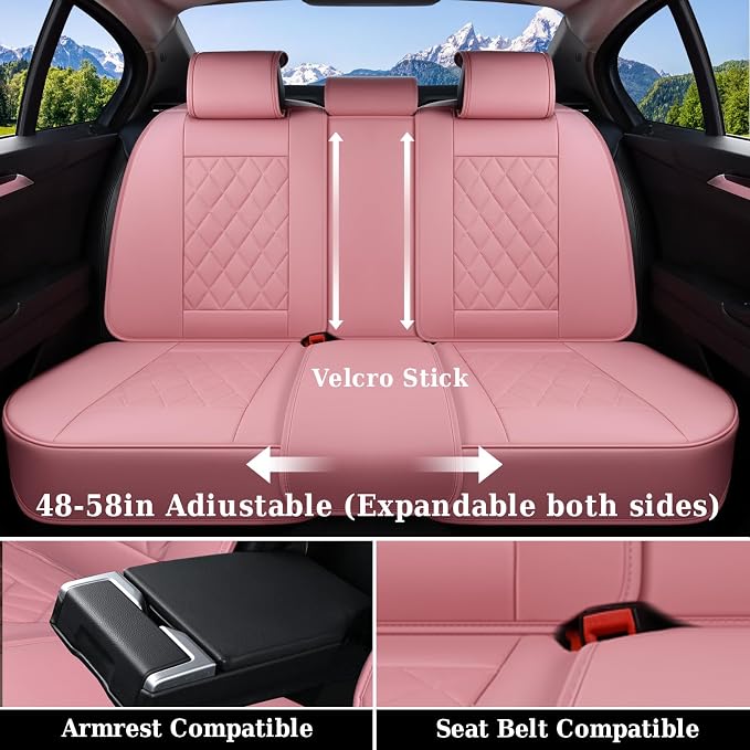 Coverado Car Seat Covers Full Set, Pink Leather Seat Covers for Cars, Universal Waterproof Car Seat Cover, Luxury Front and Back Car Seat Protector, Automotive Seat Covers Fit for Most Cars, Pink