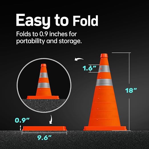 BATTIFE [2 Pack] 18 Inch Collapsible Traffic Safety Cones, Orange Cones, Multi Purpose Pop-up Cones with Reflective Collar, for Driving Practice,Road Parking