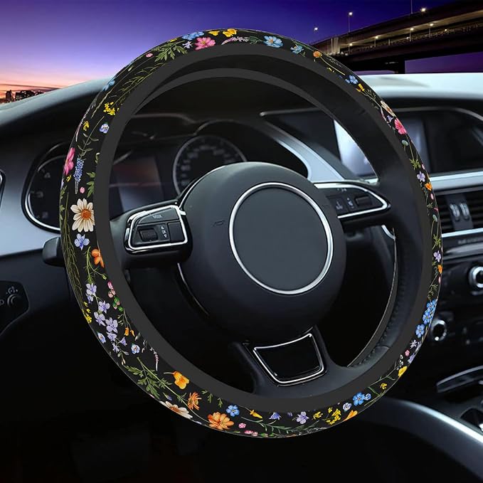 Wildflower Steering Wheel Cover for Women Men, Anti-Slip Breathable and Sweat Absorption Universal 14.5-15 Inch Cute Steering Wheel Protector, Wildflower Floral Car Accessories