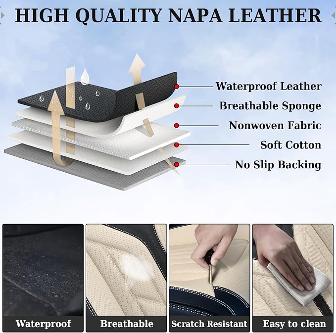 Coverado Seat Covers, Car Seat Covers Full Set, Leather Seat Covers for Cars, Automotive Seat Covers Car Seat Protector Car Accessories Fit for Most Sedans SUV Pick-up Truck(Black&Beige)