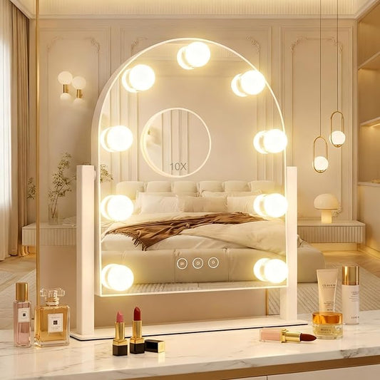 Arched Makeup Vanity Mirror with LED Lights Makeup Mirror Detachable 10X Magnification, Hollywood Make Up Mirror with Lighting, Smart Touch, Rechargeable,360° Rotation,White 14.17"x 11.81"