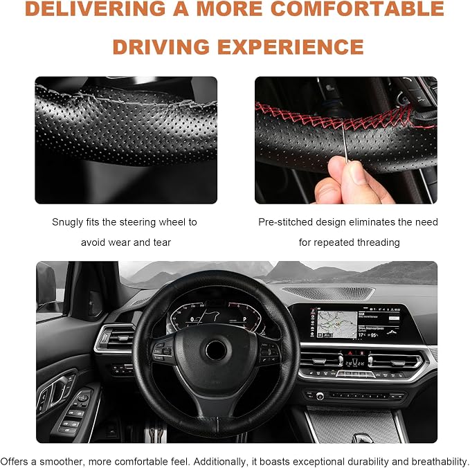Genuine Leather Steering Wheel Cover, 15 Inch Stitch on Wheel Wrap with Needles & Threads, Breathable Steering Wheel Protector DIY Sewing Wrap for Car Truck SUV (Black, Full Hole)