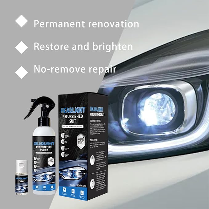 Headlight Restoration Kit, Removes Oxidation & Yellowing, UV Coating (5) | 180ml polish + 10ml ceramic coating, sponge & towel; for cars, trucks, SUVs, motorcycles; long-lasting UV protection