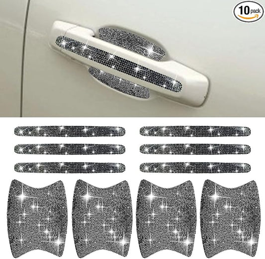 ZIMISI 10PCS Bling Car Door Handle Protector, Crystal Rhinestone Anti-Scratch Car Bowl Decoration Sticker Decal, Universal Auto Exterior Door Protective Covers Accessories for Women (Mineral Black)