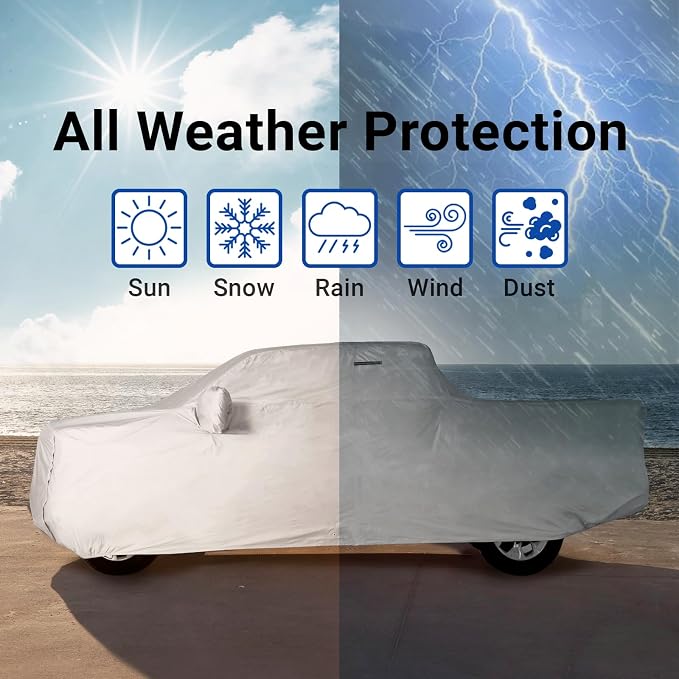 iCarCover Premium Heavy Duty Truck Car Cover - Waterproof All Weather Rain Snow UV Protection, Dakota, Frontier, Tacoma, Canyon, Colorado,R1T, Size T83 (See Size Chart), Stripe - Light Gray/Black
