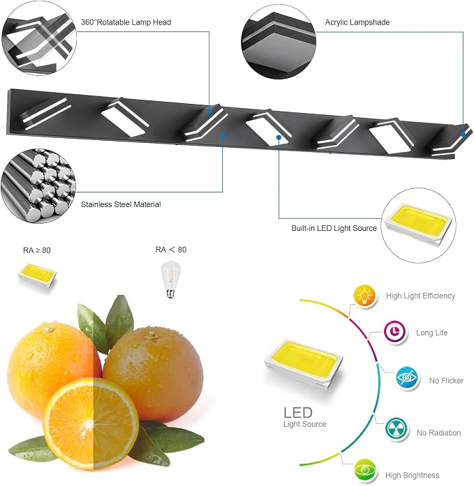 SineRise LED Modern Bathroom Vanity Light Fixtures (7-Light, 55-Inch, Dimmable), Matte Black Modern Acrylic Bathroom Wall Lighting Fixtures Over Mirror (Cool White 6000K)