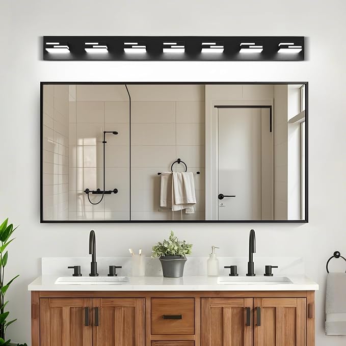 LED Modern Bathroom Vanity Light Fixtures, Dimmable Matte Black Vanity Lights for Bathroom Lighting Fixtures Over Mirror, with 360° Rotatable Acrylic Heads 7-Light 48-inch 5CCT