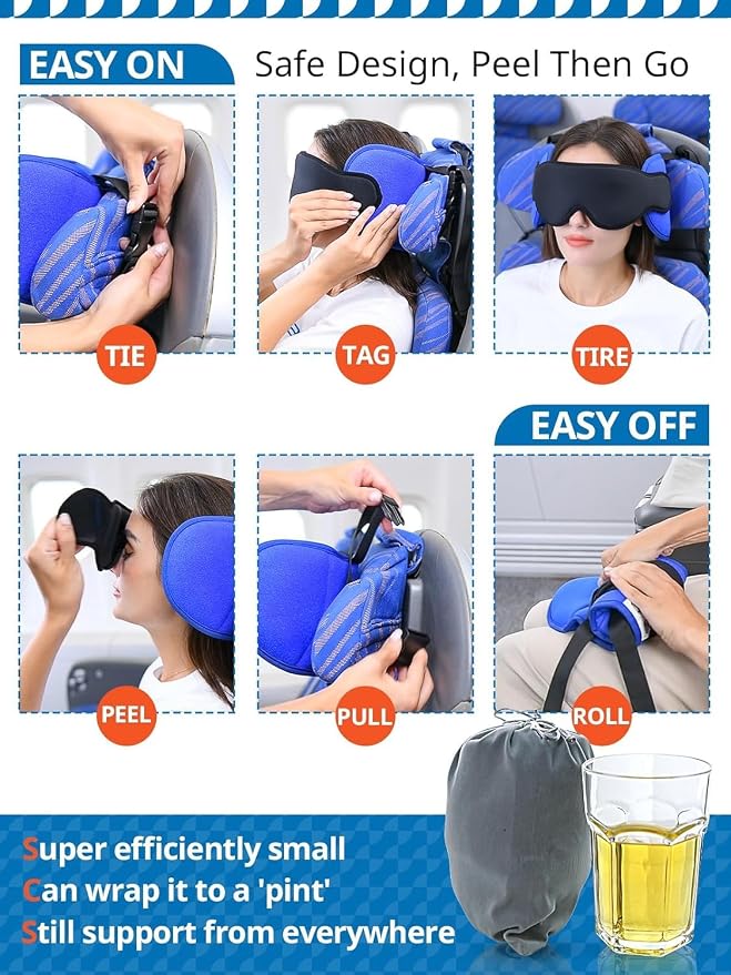 SARISUN Airplane Pillow Combo with Chin Strap, Travel Pillows for Airplanes with Sleep Eye Mask, Plane Head Strap for Long Flights, Car Road Trip, 360° Headrest, Stop Bobblehead Travel Essential, Red