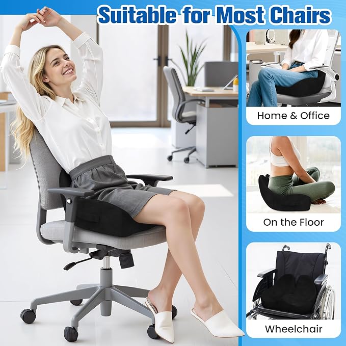 Seat Cushion, Chair Cushions for Office Chairs/Desk Seats/Wheelchair - Hip&Sciatica&Tailbone Pain Relief Memory Foam Office Chair Cushion for Long Sitting Office Workers, Black