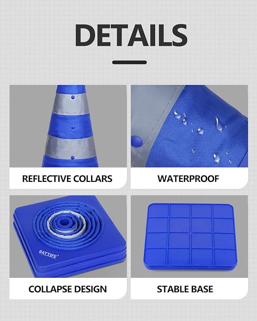 BATTIFE [4 Pack] 18 Inch Collapsible Traffic Cones, Safety Cones, Pop-up Cones with Reflective Collar, for Driving Practice,Road Parking (Blue)