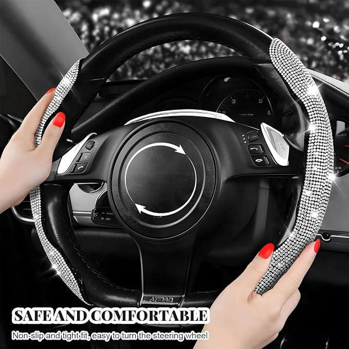 2 PCS Steering Wheel Cover, Segmented Car Wheel Covers with Crystal Rhinestones, Non-Slip Protector Bling Sparkly Decoration for Most Steering Wheels, Car Accessories (White)