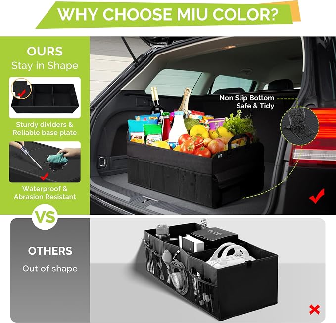 MIU COLOR Trunk Organizer for SUV, Collapsible Car Organizer with 12 Pockets, Non-Slip Bottom, Storage Organizer for Sedan, Van, Jeep, Grocery, Car Accessories, Large 3 Compartments, Black,32"×13"×12"