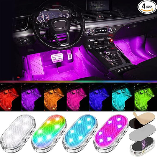 4Pcs Car LED Lights Interior Wireless, 7 Colors Interior Car Lights with 6 Bright LED Lamp Beads, Portable USB Rechargeable Car Interior Led Night Light for Car Decor