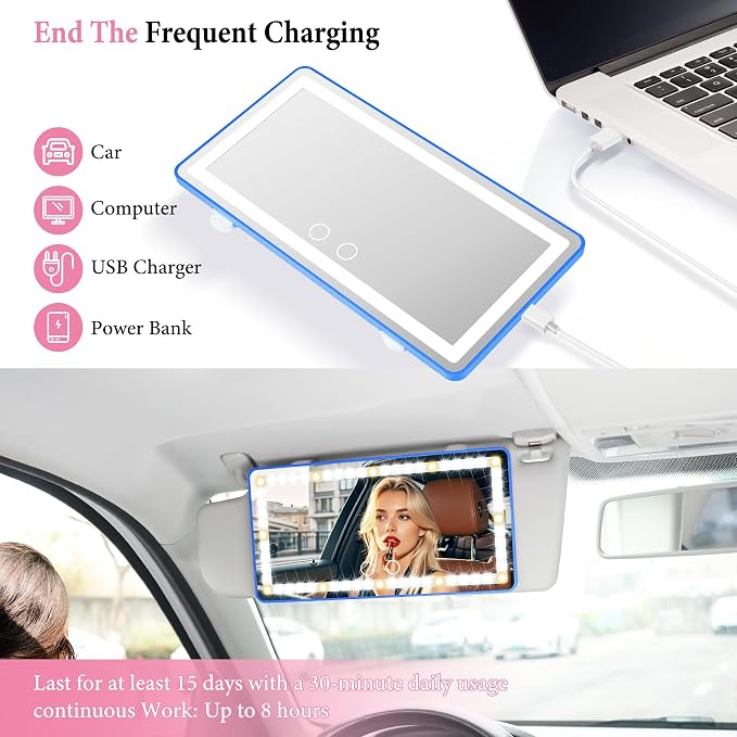 SINGARO 2PCS Car Sun Visor Vanity Mirror - Rechargeable Makeup Mirror with 60 LEDs, 3 Light Modes & Dimmable Touch Control for Cars, Trucks, SUVs, Car Interior Accessories for Women (Blue)