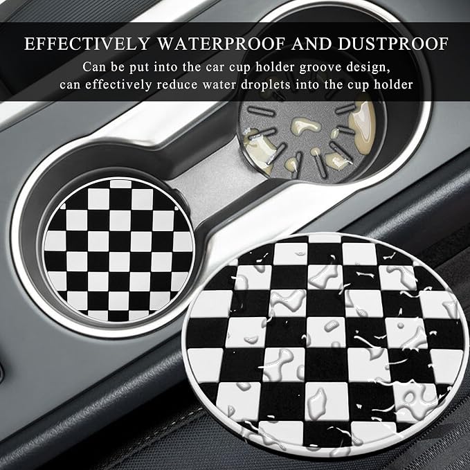 DXNQ 4 PCS Car Cup Coasters, 2.76 Inch Anti-Slip Checkered Vehicle Cup Holder Insert Coasters, Auto White & Black Drink Cup Mats for Front Console Cup Holders, Car Accessories (Checkerboard)