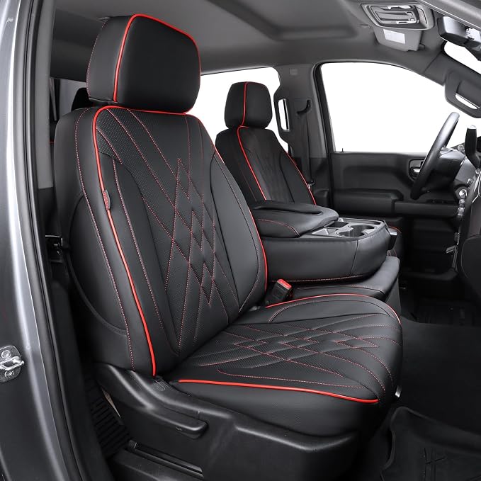 EKR Silverado Seat Covers Custom Fit for (Double Cab) 2014-2018 Chevrolet Silverado 1500 & HD 2500/3500 LT/LTZ/Custom,Leather Car Seat Cover Full Set,Faux Leather(Black with Red Trim)