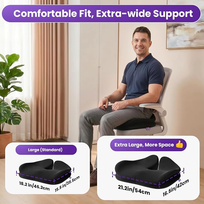 ZZ-WELL Seat Cushion for Office Chairs, Black, 21.2 Inches | Coccyx Cushion for Tailbone Pain, Memory Foam, Extra Large Thick, Patented Pressure Relief, Computer Gaming Chair