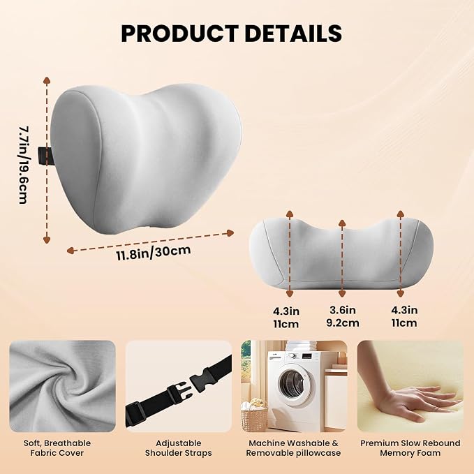 ZZ-WELL Car Headrest Pillow, Car Neck Pillow for Neck Pain Relief with Adjustable Strap, Memory Foam & Breathable Removable Cover, Travel Car Neck Pillow for Pain Relief While Driving (Grey, 2Pack)
