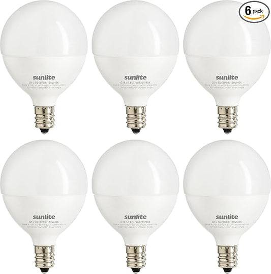 Sunlite G16.5 Light Bulb LED, 7 Watts (60W Equiv.), 500 Lumens, Dimmable, Type G Globe Shape E12 Candelabra Base, Short Bulbs, Vanity Mirror Bulbs, 4000K Cool White, Frosted, 6 Count