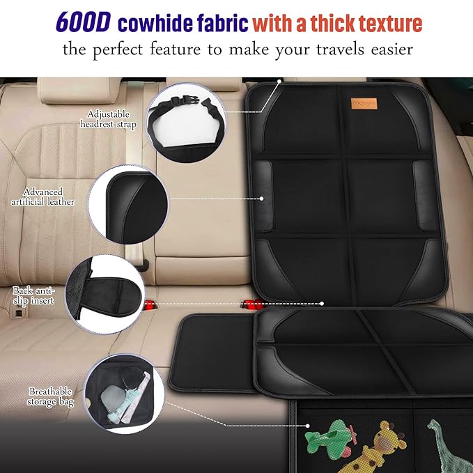 Bacgnyer Car Seat Protector, 2 Pack of Seat Protectors, Thickest Padded 600D Fabric Padding, Waterproof, Durable, Anti Slip Backing, Child Seat Protection, Suitable for Babies, Toddlers, Children